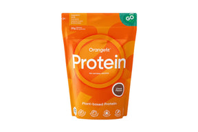 Plantebasert proteinpulver med sjokoladesmak i pose for daglig proteintilskudd