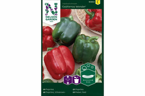 Paprika California Wonder med store, grønne frukter på plante.