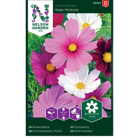 Pyntekorg Vega Mixture med blomster i hvitt og rosa i krukke og blomsterbed