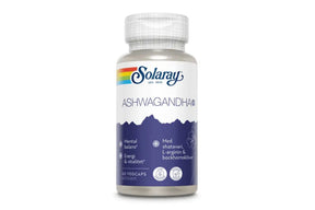 Ashwagandha-tilskudd i kapsler fra Solaray i boks