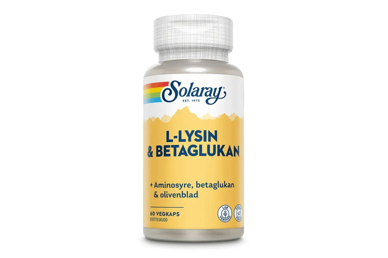 Kapsler med L-lysin og betaglukan fra Solaray i boks