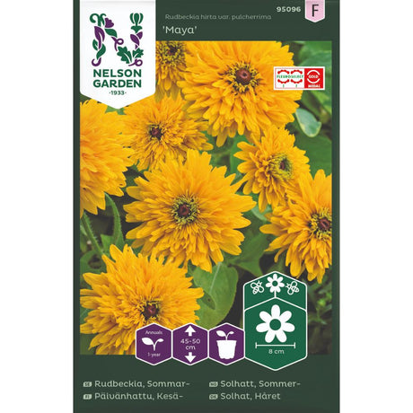 Sommersolhatt Maya med store fylte blomster i blomsterbed