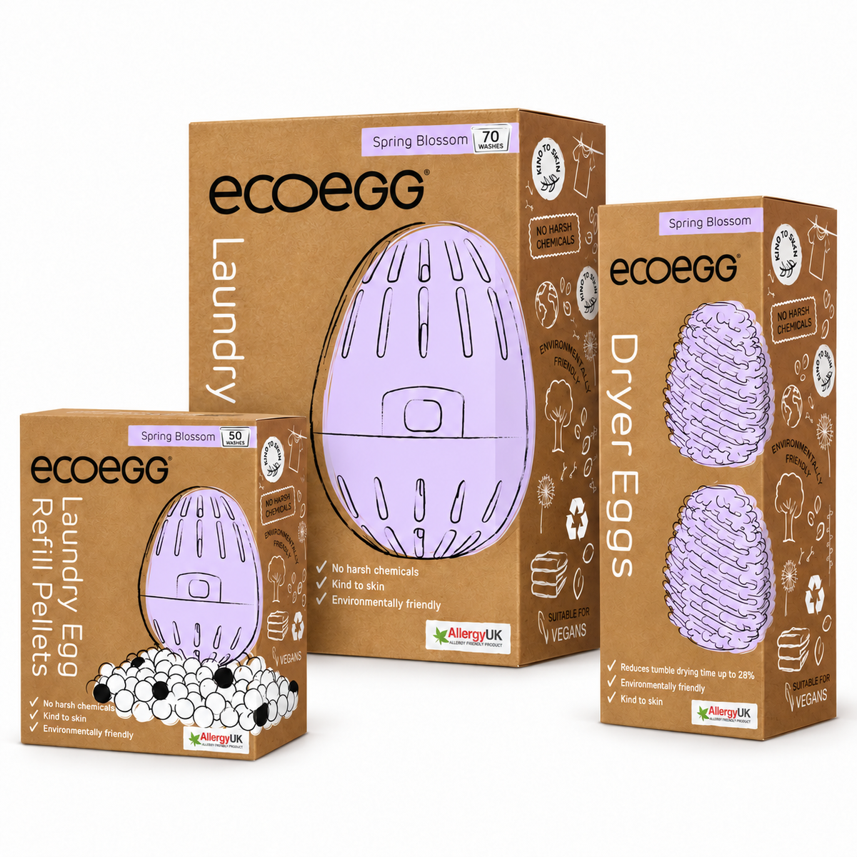 Tre Ecoegg-pakker med lilla vaskeegg, refill og tørketrommelegg