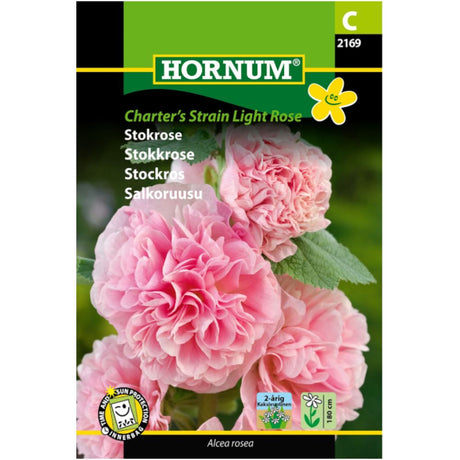 Stokkrose ‘Charters Strain Light Rose’ med fylte blomster