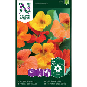 Stor blomkarse med gule, oransje og røde blomster