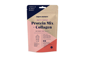 Protein- og kollagenpulver i emballasje, brukt til smoothies og daglig næring