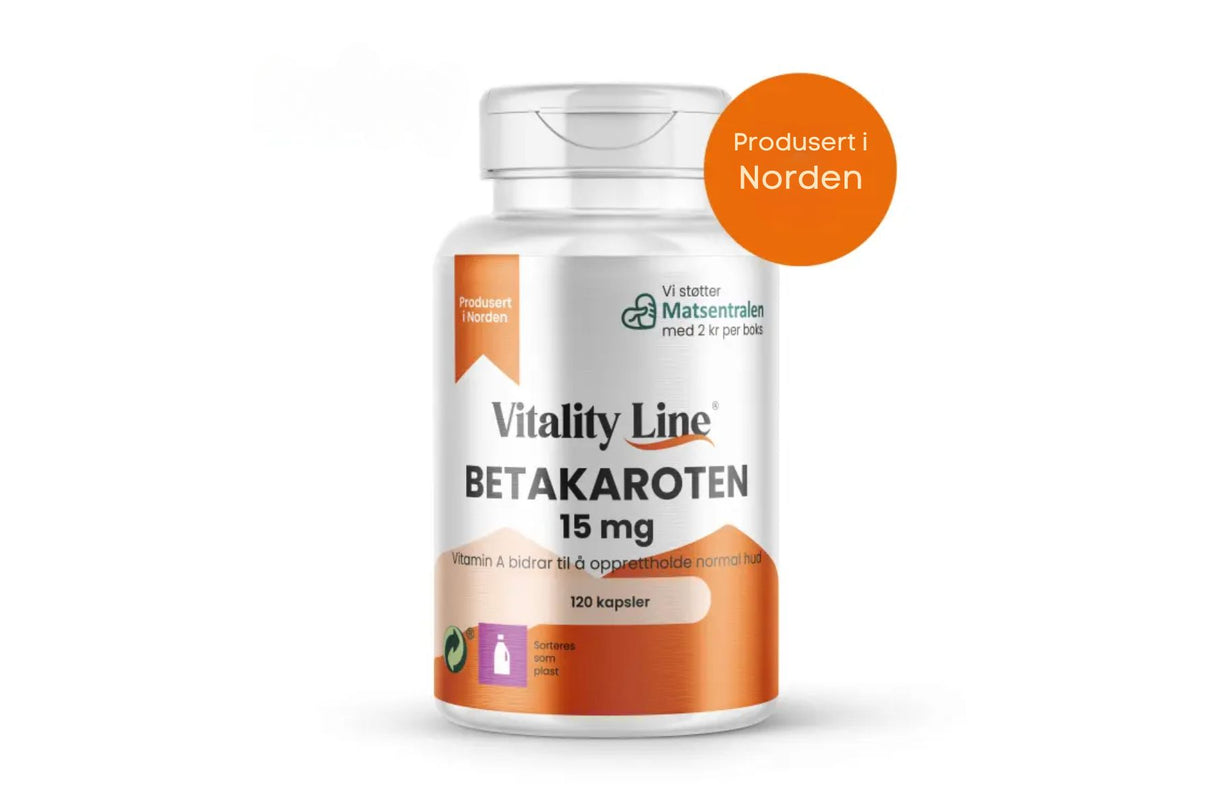 Vitality Line Betakaroten 15 mg 120 kapsler – For jevn og langvarig brunfarge