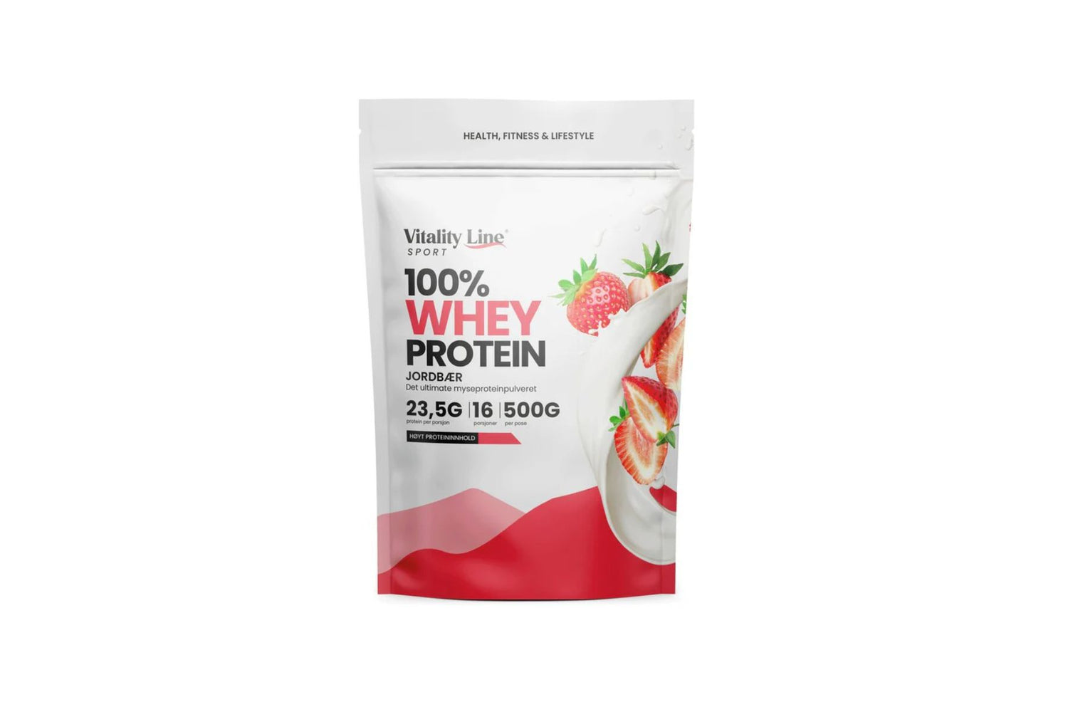 Vitality Line Sport 100 % Myseprotein Jordbær – 500 g med frisk smak og høy proteinkvalitet