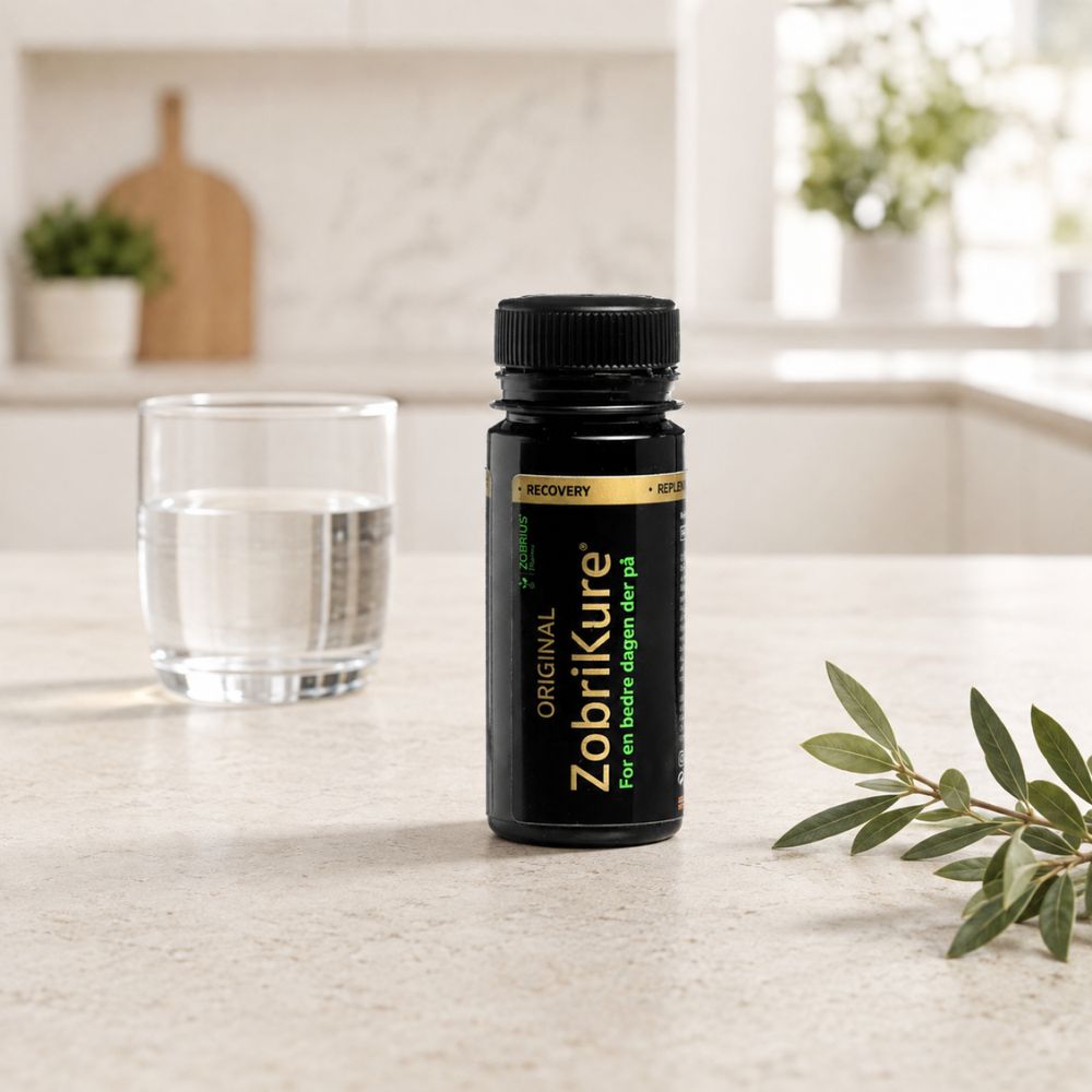 ZobriKure 50 ml urte- og mineralshot presentert i en moderne hjemmemiljø