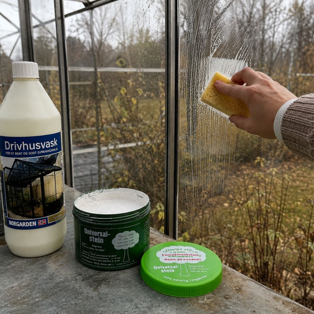 Rengjøring av drivhus om høsten med Norgarden Drivhusvask og Universal Stein for vask av glass, rammer og gjenstridig smuss.