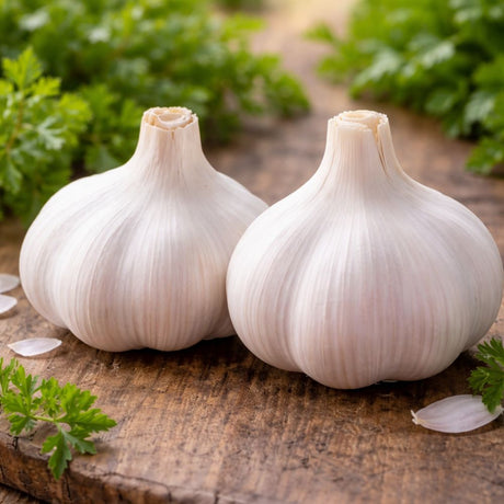 Hvitløk ‘Morado’ med lilla skall og faste fedd.