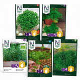 Nelson Garden frøpakke med basilikum, persille, timian, koriander og Como dill samlet på hvit bakgrunn.